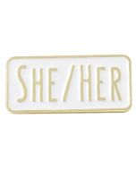 Wholesale she / her pronoun enamel pin badge LGBTQ badges also available he / him, they/ them and they / their.  LGBTQ enamel pronoun badges