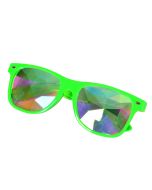 Neon green wayfarer style glasses with kaleidoscope prism lens