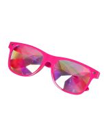 Neon pink wayfarer style sunglasses with kaleidoscpe prism lens