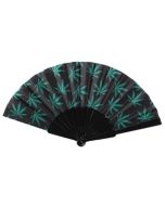 Wholesale ganja leaf print folding fan.  These fans are a festival essential.  A very fast selling folding fans for a hot festival day or family event.  