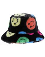 Wholesale faux fur bucket hat with smiley face print design.  These fluffy bucket hats are a proven winner, as is the smiley face print.  A warm festival favorite too.