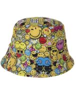 Wholesale childrens sun hats bucket hats fisherman hats for kids or very small headed people.  Fashionable childrens sun hats in fast selling designs, multi smiley face print