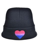 Wholesale bisexual pride beanie hat with embroidered heart detail.  LGBTQ beanie hats also available in bisexual pride and lesbian pride colours with heart detail.