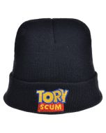 Wholesale beanie hat with Tory Scum embroidered wording.  Other Tory Scum items baseball cap,  bucket hat,  messenger bag, bumbag and tie.