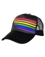 Wholesale gay pride truckers hat gay pride baseball cap in black with the gay pride colour stripes.  Also available grey gay pride truckers hat, multi pride truckers hat