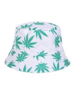 Wholesale bucket hat with ganja leaf print on white.  These wholesale bucket hats make great wholesale festival wear accessories and are fast sellers indeed.
