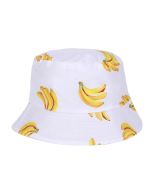 Wholesale white bucket hat with banana print.   These wholesale bucket hats are great sun hats and fantastic wholesale festival wear accessories.