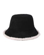 Wholesale, reversible, faux sheepskin bucket hat in black.  These wholesale reversible bucket hats are great!  They can be worn as sheepskin or sherpa wool bucket hats.