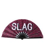 Wholesale X Large cracking fan with SLAG print on pink leopard background print.  These fast selling  XL cracking fans make a satisfying noize on opening and closing.