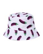 Wholesale bucket hat with aubergine print on white.  These wholesale sun hats make great wholesale festival wear and wholesale fashion accessories.