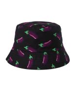Wholesale bucket hat with aubergine print on black.  These wholesale sun hats make great wholesale festival wear and wholesale fashion accessories.