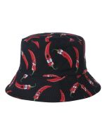 Wholesale bucket hat with chili print.  These wholesale bucket hats make great wholesale fashion accessories and wholesale festival outfits.  Fast selling sun hats.