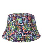 Wholesale cartoon print bucket hat.  These wholesale sun hats with carton print make great wholesale festival wear and wholesale fashion accessories.