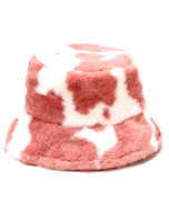 Wholesale Fluffy Bucket Hat.  Pink Cow Print Design.