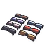 Wholesale rectangular shaped black framed sunglasses with mixed colour lenses.  These wholesale sunglasses are great festival wear accessories and fast sellers..