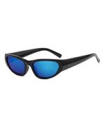 Wholesale wrap around sports sunglasses with blue lens and black frame.