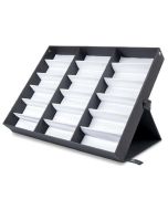 A counter top display solution for sunglasses, holding 18 pairs of sunglasses, to display on your counter top, this display solution also closes to form a box for transportation.