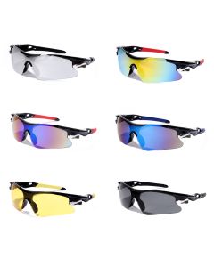 Wholesale wrap around sports sunglasses, assorted packs of 12 made up of 6 different colours. Fast selling high profit sunglasses.