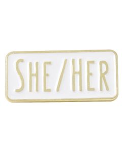 Wholesale she / her pronoun enamel pin badge LGBTQ badges also available he / him, they/ them and they / their.  LGBTQ enamel pronoun badges