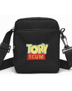 Wholesale messenger bag with Tory Scum embroidered wording.  Other Tory Scum items baseball cap,  bucket hat,  beanie hat, bumbag and tie.