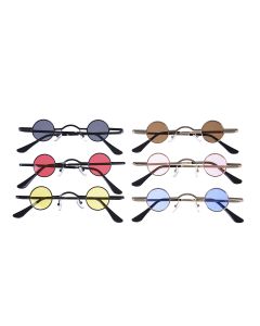 Wholesale tiny round sunglasses mixed colours.  These wholesale sunglasses are sold in mixed packs of 12.   Wholesale sunglasses make great wholesale festival wear accessories.