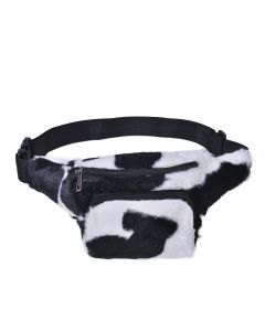 Wholesale fluffy cow print bum bag, wholesale bumbags.  These wholesale faux fur cow print bum bags make great wholesale fashion accessories, matching bucket hats available.
