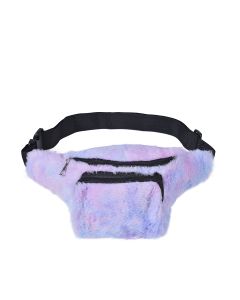 Wholesale fluffy tie dye bum bag in rainbow colours.  These wholesale faux fur, tie dyed bum bags make great fashion accessories. 