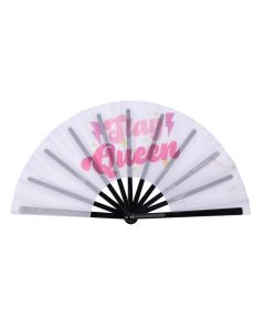 Huge Cracking fan with slay queen writing in pink with mini stars on white fan. Makes satisfying noise on opening and closing. 33cm x 66cm.