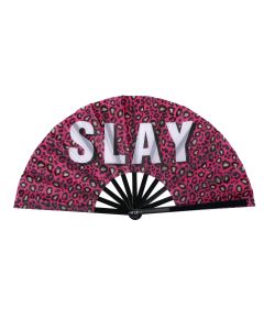 Huge wholesale cracking fans Slay on pink leapard print. 33cm x 66cm