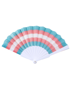 Wholesale transgender pride folding fan.  Many colours of wholesale fans to choose from eg traditional gay pride colours, pansexual, bisexual pride folding fans available.