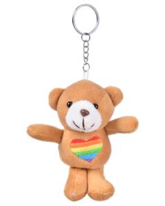 Wholesale gay pride teddy bear keyring with embroidered rainbow heart.  Also available bisexual pride, lesbian pride and transgender pride teddy bear keyrings.