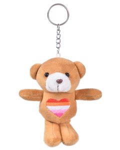 Wholesale lesbian pride teddy bear keyring with embroidered rainbow heart.  Also available rainbow pride, bisexual pride and transgender pride teddy bear keyrings.