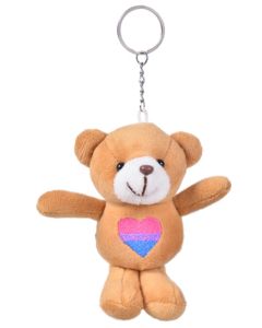 Wholesale bisexual pride teddy bear keyring with embroidered rainbow heart.  Also available rainbow pride, lesbian pride and transgender pride teddy bear keyrings.