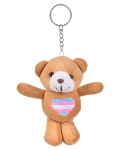 Wholesale transgender pride teddy bear keyring with embroidered rainbow heart.  Also available rainbow pride, bisexual pride and lesbian pride teddy bear keyrings.