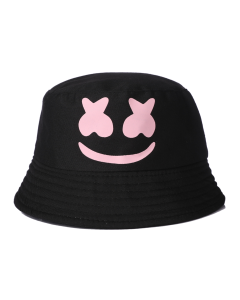 Wholesale black bucket hat with pink cross eyes, these wholesale sun hats are fast sellers and make great festival sun hats.