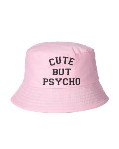 Wholesale pink bucket hats with cute but psycho wording.  These are great festival hats and very fast sellers.  Popular sun hats.