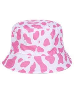 Wholesale pink cow print bucket hat.  These wholesale cow print bucket hats are exceptionally good sellers.  The wholesale sun hats make great wholesale festival wear accessories

