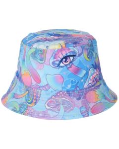 Wholesale bucket hats with magic mushroom print. These funky sun hats are fast selling and make perfect rave hats. Great festival hats or festival wear accessories