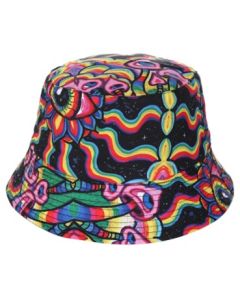 Wholesale bucket hats with psychedelic mushroom print. These funky sun hats are fast selling and make perfect rave hats. Great festival hats or festival wear accessories