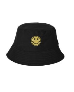 Wholesale bucket hats with smiley face badge.   These sun hats make ideal rave hats, fisherman hats, festival hats or dance hats.  Great festival wear accessories.