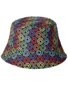 Wholesale bucket hats with smiley face print.   These sun hats make ideal rave hats, fisherman hats, festival hats or dance hats.  Great festival wear accessories.