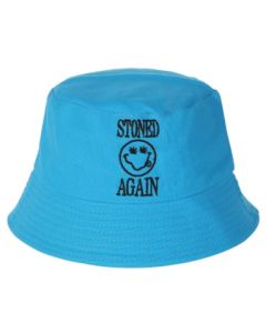 Wholesale bucket hats with smiley face and stoned again caption.  These sun hats make ideal rave hats, fisherman hats, festival hats or dance hats.  Great festival wear.