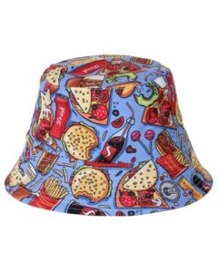 Wholesale bucket hats with junk food print design.  These funky sun hats are fast selling and make perfect rave hats. Great festival hats or festival wear accessories