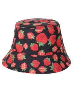 Wholesale strawberry print bucket hat.  These sun hats are fast sellers and make ideal rave hats, fisherman hats, festival hats or dance hats.  Great festival wear.