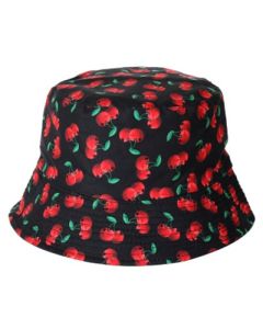 Wholesale cherry print bucket hat.  These sun hats are fast sellers and make ideal rave hats, fisherman hats, festival hats or dance hats.  Great festival wear.