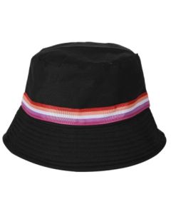 Wholesale lesbian pride bucket hat LGBTQ sun hat with lesbian belt detail.  Also available rainbow pride hat, lesbian, bisexual, non binary and pansexual hats.