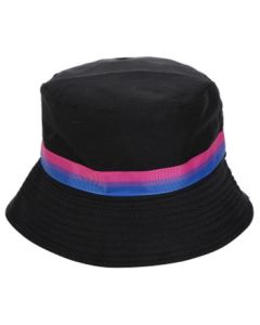 Wholesale bisexual pride bucket hat LGBTQ sun hat with bisexual belt detail.  Also available rainbow pride hat, lesbian, transgender, non binary and pansexual hats.