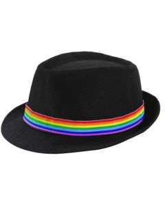 Wholesale trilby hats black trilby hat with rainbow gay pride band. These black trilby hats are ideal sun hats also they are very fast selling and make great festival hats festival wear accessories.