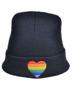 Wholesale gay pride beanie hat with embroidered heart detail.  LGBTQ beanie hats also available in bisexual pride and lesbian pride colours with heart detail.