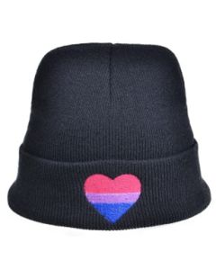 Wholesale bisexual pride beanie hat with embroidered heart detail.  LGBTQ beanie hats also available in bisexual pride and lesbian pride colours with heart detail.